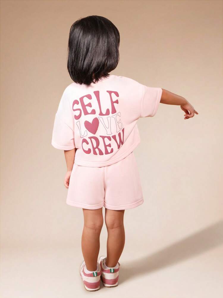 Dziewczęcy różowy T-shirt z nadrukiem Self Love Hearts i szorty, zestaw na lato z grafiką z przodu i z tyłu