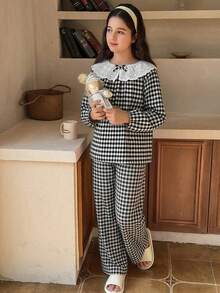 Dazy Kids 少女拼接荷叶边格子长袖上衣和裤子睡衣套装 - 黑與白 - 查看 5