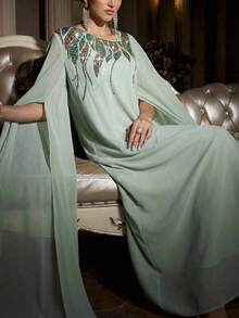 Al Najma Women's Elegant Sequin Decorated Poncho Sleeve Turkish Maxi Dress,Arabic Traditional Abaya Kaftan Jalabiya,Luxury Evening Wedding Party Sage Dresses - Green - View 9