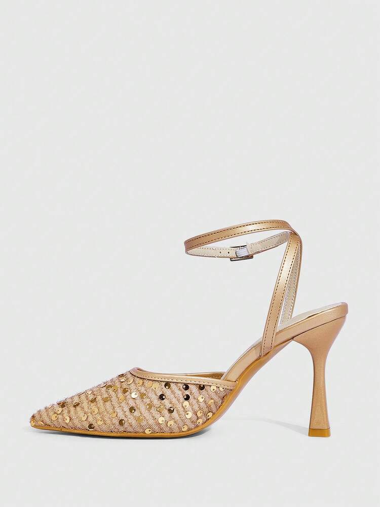CUCCOO SZL Sandalias de tacón alto con punta cerrada y malla con lentejuelas para mujer, de uso casual y elegante para el trabajo, verano/otoño - Oro rosa - Añade 5