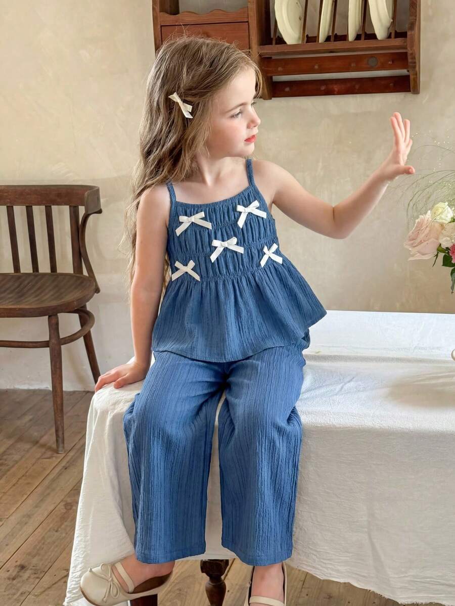 SHEIN LMoss Kids 两件套女童纯色梭织吊带背心和长裤套装 - 黑與白 - 查看 1