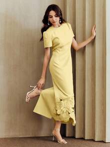 Anewsta Solid Color Straight Waist Cinching Short Sleeve Dress With Cutout Embroidered Pearl Decor, Long Dress For Women - Pale Yellow - View 7