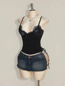 SHEIN ICON Contrast Lace Ruched Y2k Cami Top - Black - View 5