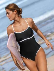 Swim SPRTY Maiô feminino de uma peça, cor sólida, com alças finas e costas cruzadas, ideal para praia, surfe e esportes. - Preto - Ver 3