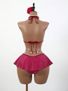 Swim Mod Women Red And White Polka Dot Bikini Set,Summer Tropical Beach Holiday Vacation,Spaghetti Strap Top&Ruffle Trim Contrast Bottom 2 Pieces Skirt Suit - Red - View 2
