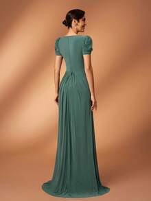 Serin Đầm maxi sang trọng, thanh lịch với chất liệu ren đính cườm và họa tiết ghép mảnh, tay áo xếp ly, chất liệu dệt kim co giãn, thích hợp cho đám cưới, tiệc tùng, lễ hội, cô dâu, hoặc váy dạ hội dành cho mẹ cô dâu. - màu xanh lá - Xem 3