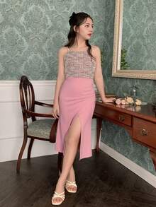 DAZY 少女撞色褶皱开衩设计时尚派对吊带裙度假装 - 粉色 - 查看 1