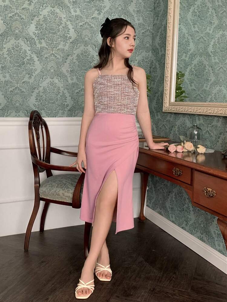 Tween Girl Colorblock Ruched Slit Design Fashion Party Cami Dress