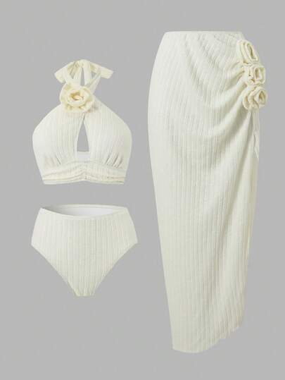 Swim Oasis Plus Size Solid Color Striped Halter Neck Tied Waist One Flower Decor Hollow Chest Pleated Waist Hollow Back Matching Regular Leg Triangle Bikini Bottom High Slit One Side Three Flower Decor Skirt Elegant Fashionable Women Swimwear Set