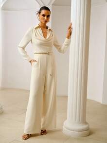 ZEYLAH 翻领修身长款连体裤，春夏款 - 杏色 - 查看 7