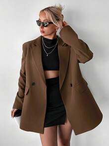 SHEIN Plus Size Solid Brown Color Notch Lapel Double Breasted Oversize Casual Blazers - Coffee Brown - View 3