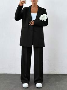 Conjunto de chaqueta y pantalones de traje de unicolor versátil y de moda, ropa de oficina, para mujeres altas - Negro - Ver 1