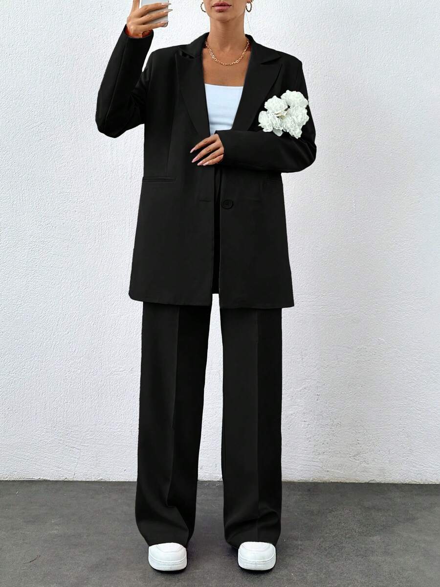 Conjunto de chaqueta y pantalones de traje de unicolor versátil y de moda, ropa de oficina, para mujeres altas - Negro - Ver 1