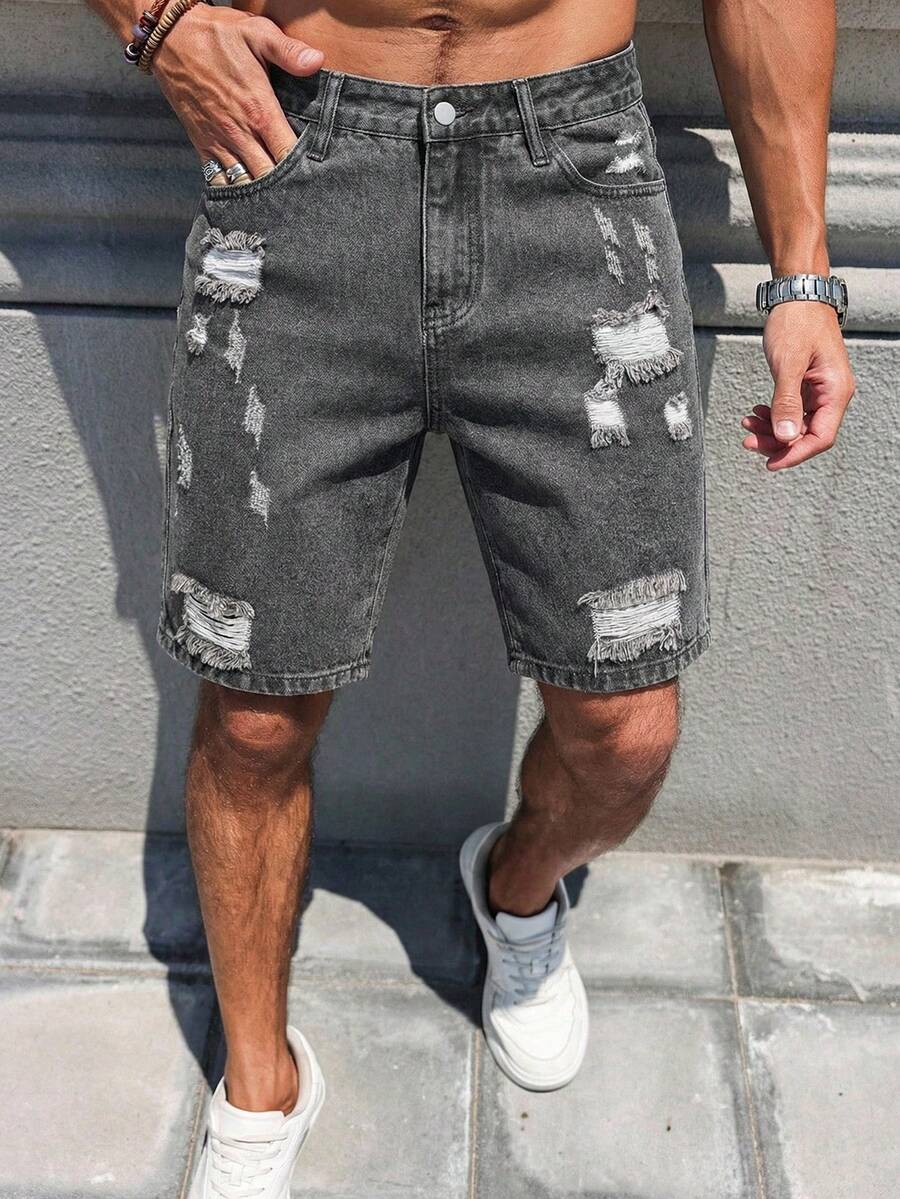 Manfinity Roughcore Men's Casual Distressed Straight Leg Denim Shorts, Dark Grey, Street Style For Spring/Summer - Dark Grey - View 1