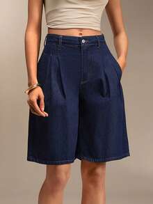 EURMUSE 低腰原色水洗牛仔短裤，休闲风格，深蓝色牛仔布，纽扣拉链闭合 - 深色水洗藍 - 查看 7