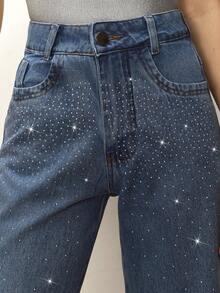 Daynim Calça Jeans Feminina Com Pedraria Strass Lavagem Média sem taxa de importação - Lavagem clara - Visão 1