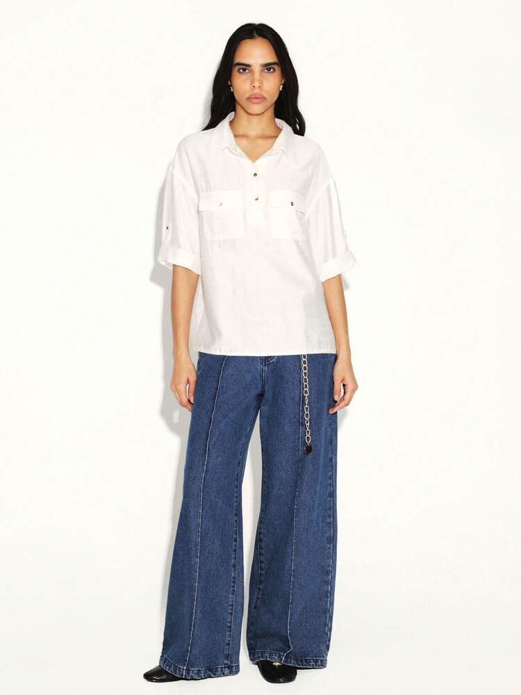 KSTM Damen Weite Bein Jeans mit Kette Gürtel, Hohe Taille Denim Palazzo Hose, Retro Vintage Stil Lässig Streetwear