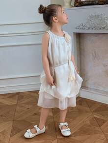 DAZY Young Girl Tulle Princess Dress Floral Decor Sleeveless Dress - Apricot - View 2