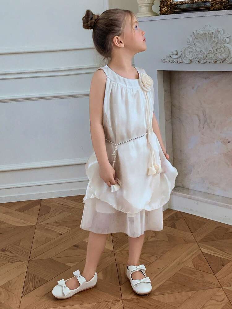 Young Girl Tulle Princess Dress Floral Decor Sleeveless Dress