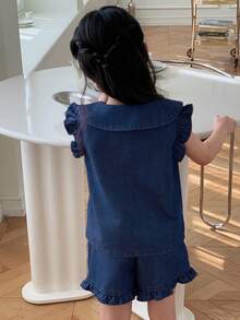DAZY Young Girl Doll Face Cap Sleeve Denim Top And Shorts 2-Piece Set, Fall - Blue - View 6