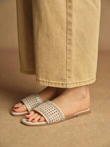 Rosivie Women's Rhinestone Hollow Strap Casual Comfortable Flat Sandals, Square Toe Design For Commuting - Apricot - View 3