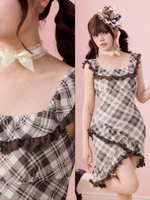 ROMWE Kawaii 可爱甜美学院风格子撞色蕾丝迷你连衣裙（女款） - 彩色 - 查看 1