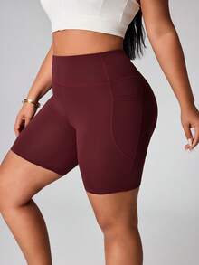 Rhythm Era 大码高腰瑜伽短裤，带口袋，提臀健身运动短裤（女款） - 酒紅色 - 查看 4