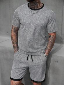 Manfinity Homme Herren Farbblock Patchwork, Jacquard Stoff in Schwarz & Weiß, Shorts mit Gummibund, T-Shirt Set - Schwarz und Weiss - Übersicht 7