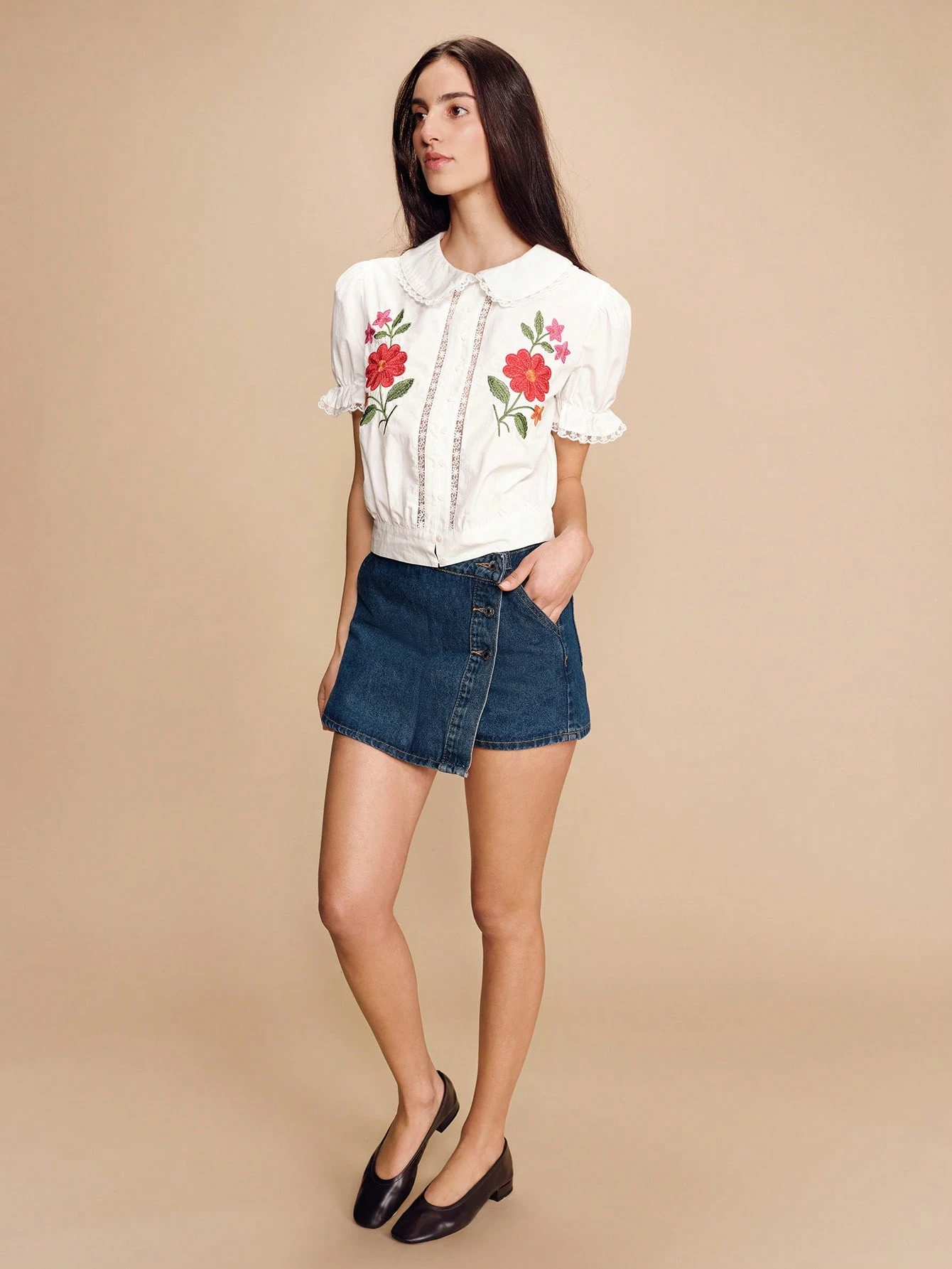 White Embroidered Puff Sleeve Cotton Blouse With Peter Pan Collar Floral Embroidery And Lace Trim Cute Vintage Spring Summer Top French Style Parisian Style Going Out Office Cotton Top