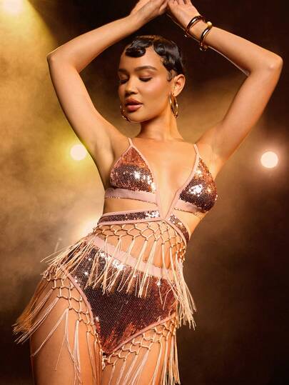 Hauture Women's Sexy Sequined Tassel Hem Backless Camisole Top For Festival