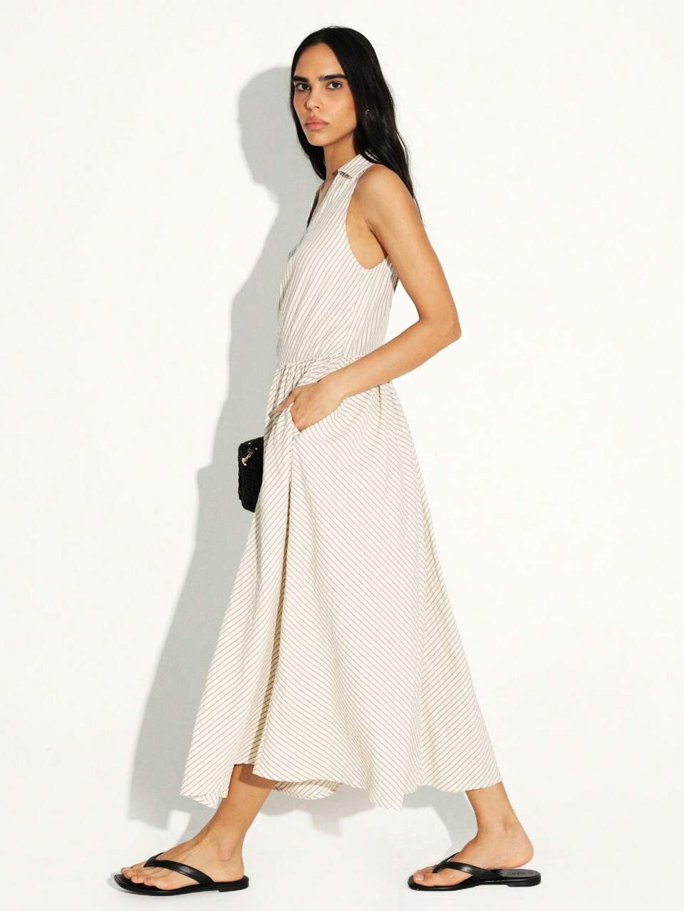 KSTM Sleeveless V-Neck Striped Midi Shirt Dress With Collared Neckline And Flowy A-Line Silhouette For Spring Summer