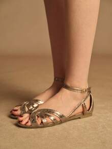 Rosivie 夏季新款女士棕色绒面编织绑带凉鞋，绑带包覆式露趾高跟罗马鞋，时尚通勤宴会鞋 - 槍色 - 查看 4