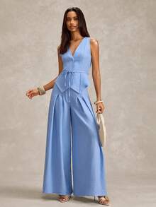 SHEIN Women Modern Blue Vest And Pants Fake Linen - Blue - View 3