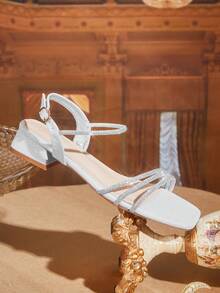 CUCCOO TILAWA Women's Square Toe Silver Rhinestone Decor Ankle Strap Low Heel Versatile Fashion Dress Sandals Summer Shoes - Silver - View 3