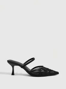 CUCCOO SZL 尖头透气网纱刺绣水钻镂空时尚性感气质百搭性感仙女宴会黑色高跟鞋 - 黑色 - 查看 2