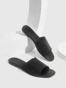 CUCCOO SZL 女士水钻装饰平底凉鞋，舒适露趾沙滩/休闲鞋 - 黑色 - 查看 1