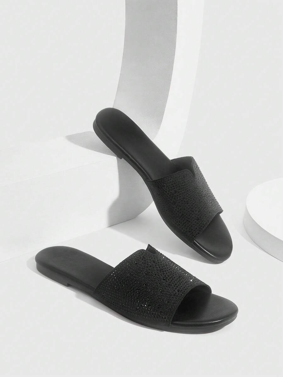 CUCCOO SZL 女士水钻装饰平底凉鞋，舒适露趾沙滩/休闲鞋 - 黑色 - 查看 1