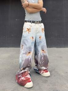 Manfinity EMRG Men's Casual Retro Angel Print Wide-Leg Jeans - Multicolor - View 4