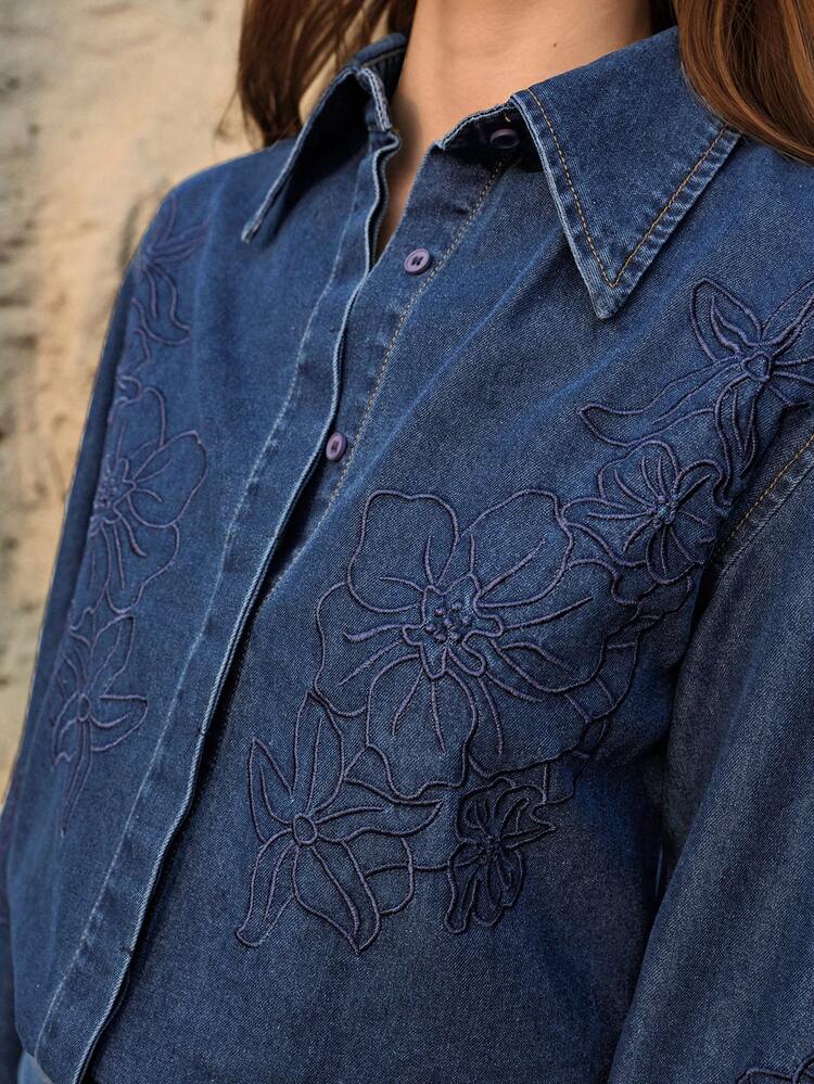 EMBROIDERED DARK WASHED DENIM BASIC SHIRT, SPRING/SUMMER