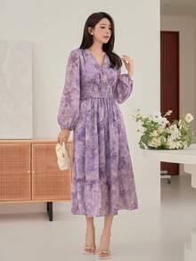 DAZY 女士优雅印花褶皱中长连衣裙，春夏款 - 紫色 - 查看 5