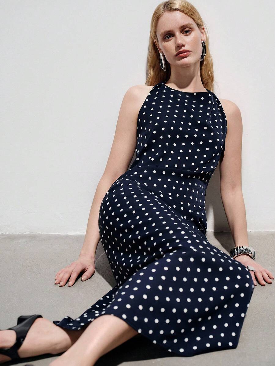 Aveloria Modichic Đầm midi tối giản phối chấm bi khối màu, kiểu dáng thanh lịch, phong cách Pháp cổ điển, không tay, đa năng dành cho nữ công sở. - Nhiều màu - Xem 1