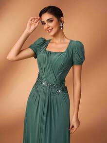 Serin Đầm maxi sang trọng, thanh lịch với chất liệu ren đính cườm và họa tiết ghép mảnh, tay áo xếp ly, chất liệu dệt kim co giãn, thích hợp cho đám cưới, tiệc tùng, lễ hội, cô dâu, hoặc váy dạ hội dành cho mẹ cô dâu. - màu xanh lá - Xem 7