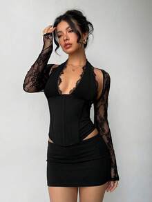 Aloruh Women's Spring/Summer New Yellow Elegant Sexy Fashionable Pure Romantic Date Beach Vacation Crochet Lace Hollow Out Halter Crop Top And Low Waist Maxi Skirt 2-Piece Set - Black - View 8