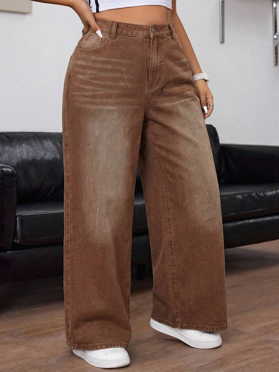 SHEIN ICON Jeans de talla grande para mujer de cintura alta con bolsillos y pierna ancha, de estilo casual y holgado - Café integral - Ver 1