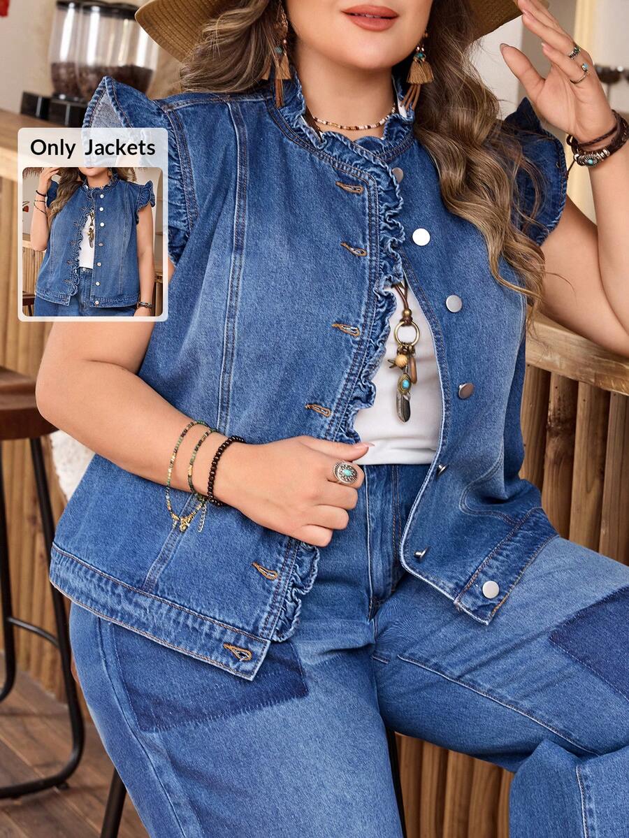 EMERY ROSE Plus Size Women Casual Loose Comfortable Mid-Blue Denim Sleeveless Jacket - Medium Wash - View 1