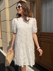 Solivie 优雅蕾丝A字连衣裙，适合各种身材，情人节礼服，红色连衣裙，高贵典雅 - 白色 - 查看 5