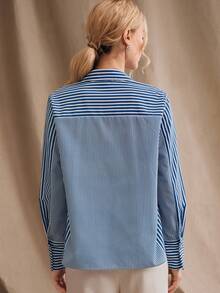 Anewsta Women's Elegant Shirt, Minimalist Commuter Long Sleeve Striped Collared Blouse Blue And White Shirt Stripe Shirt Blue Striped Shirt - Blue - View 3