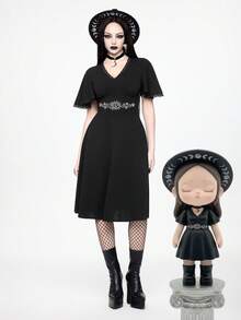 Spring/SummervacationWomen's Vintage Gothic Sun & Moon Embroidery V-Neck Contrast Lace Mini Dress, Spring/Summer - Black - View 7