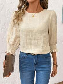 SHEIN Clasi 女士纯色圆领褶皱休闲舒适衬衫，适合日常穿着，春夏款 - 杏色 - 查看 3