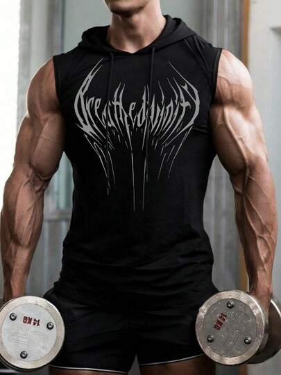 GymBeat Camiseta casual y deportiva con capucha con cordón y estampado gótico para hombres